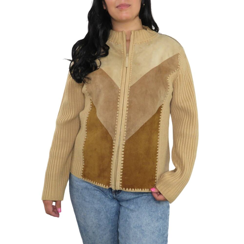 90s Vintage Suede Leather Jacket Tan & Brown Neutral Zipper Casual Jacket Medium